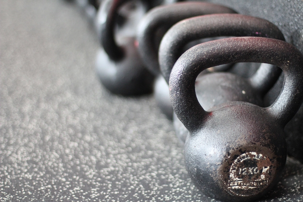 Kettlebells on a gym floor